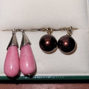 925 Rose Pink Simulated Jade Glass Tear Drop Earrings & Burgundy Faux Pearl